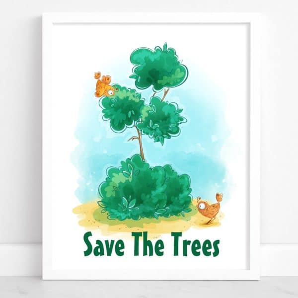 Illustration Of A Whimsical Tree With Two Small Orange Birds, Text Reads Save The Trees.