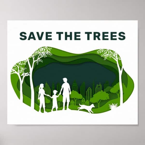 Save The Trees Poster Featuring A Family And Dog In A Park Setting.