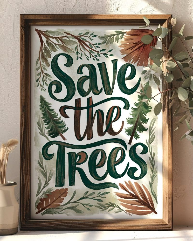 Framed print with hand-lettered text Save the Trees surrounded by painted foliage.