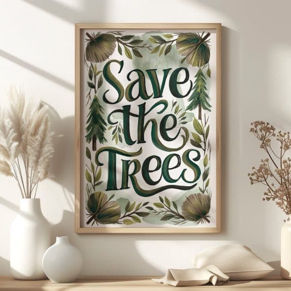 Framed Illustration With The Words Save The Trees In Stylized Green Lettering Surrounded By Painted Greenery.