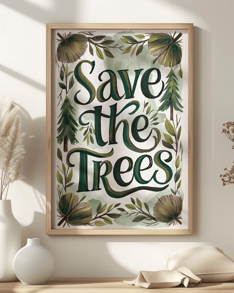 Framed illustration with the words Save the Trees in stylized green lettering surrounded by painted greenery.