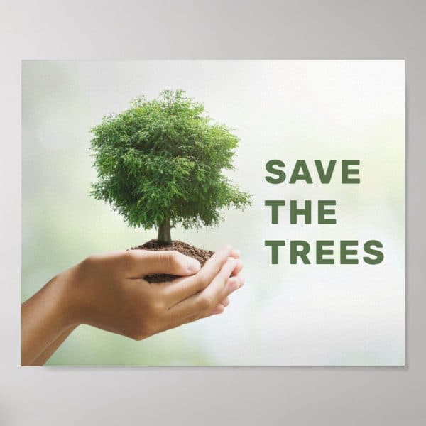 Two Hands Gently Hold A Small Tree And Clump Of Soil. The Text Save The Trees Is Superimposed On The Image.
