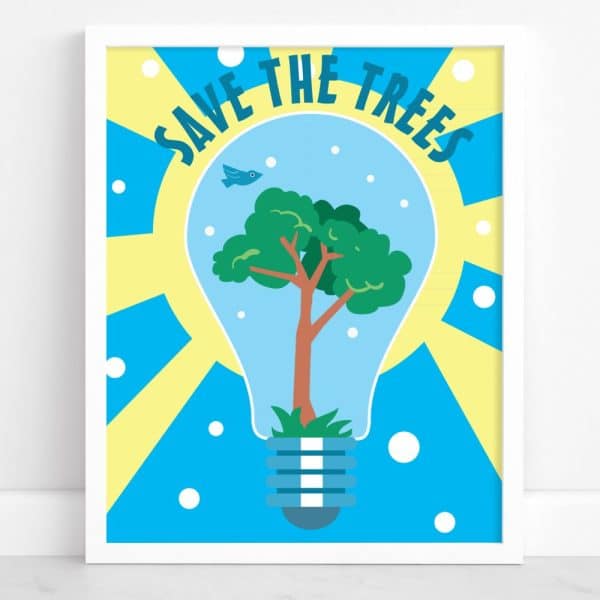 Illustration Of A Tree Inside A Lightbulb; Text Says Save The Trees.
