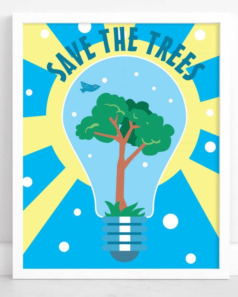 Illustration of a tree inside a lightbulb; text says Save the Trees.