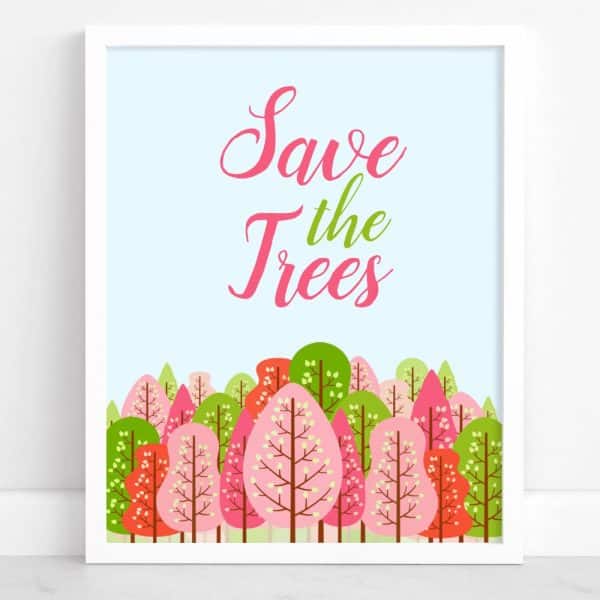 Framed Print With The Text Save The Trees Above A Row Of Stylized Trees In Pink, Green, And Red.