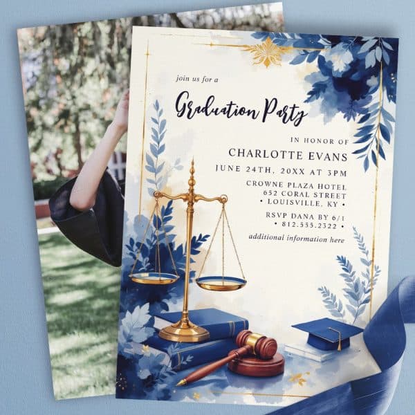 Graduation Party Invitation For Charlotte Evans, Featuring A Scale Of Justice, Gavel, And Graduation Cap.