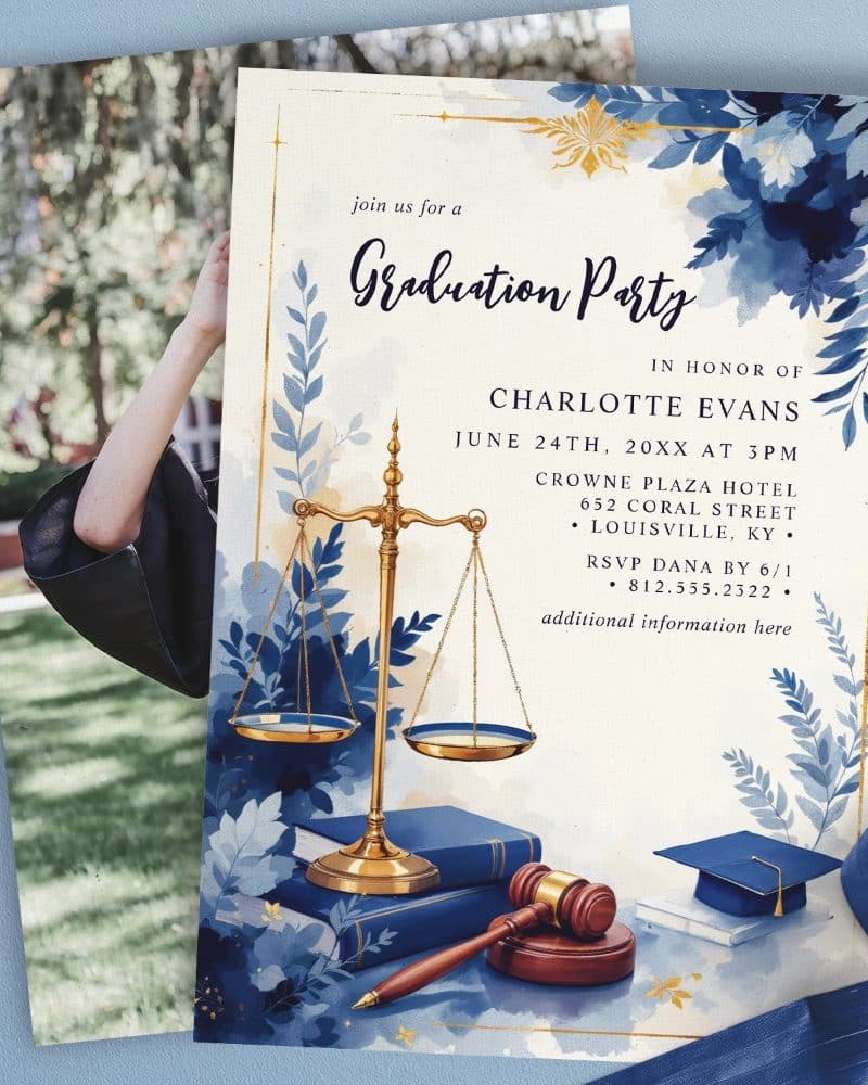 Graduation party invitation for Charlotte Evans, featuring a scale of justice, gavel, and graduation cap.