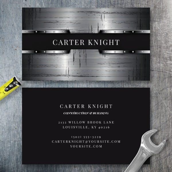 Business Card For Carter Knight Construction &Amp; Building, Featuring A Metallic Silver Design.