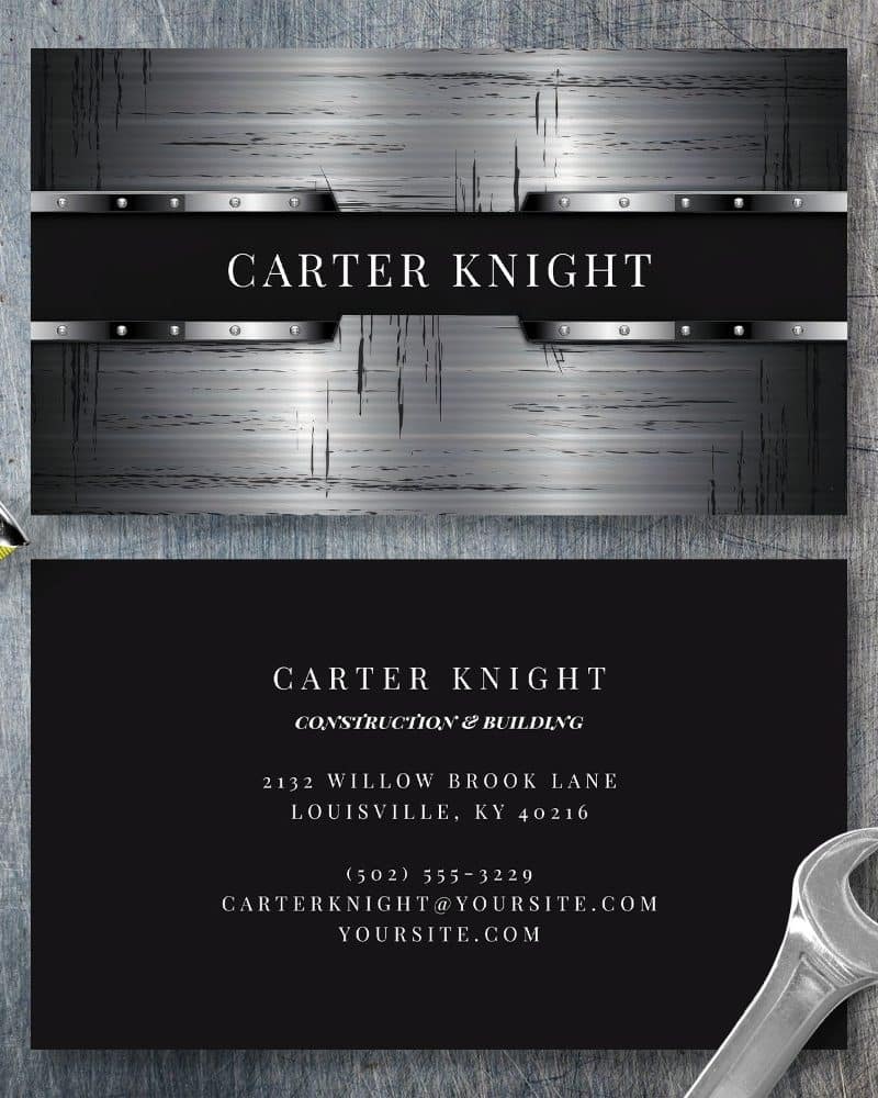 Business card for Carter Knight Construction & Building, featuring a metallic silver design.