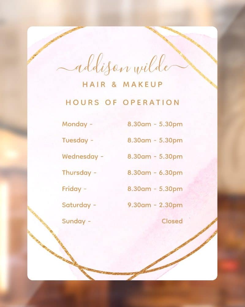 Addison Wilde Hair & Makeup business hours: Monday through Friday 8:30am-5:30pm, Thursday until 6:30pm, Saturday 9:30am-2:30pm, Sunday closed.