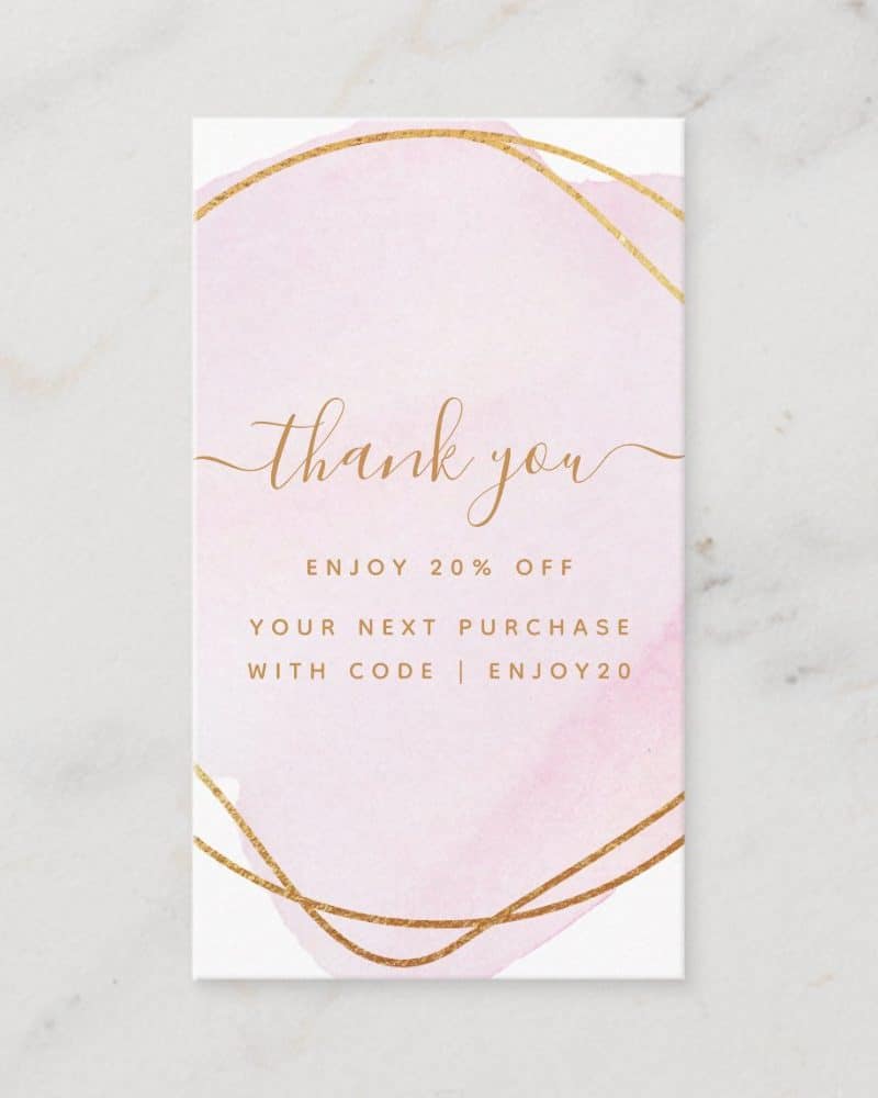 Pink thank you card with gold accents offering 20% off next purchase with code ENJOY20.