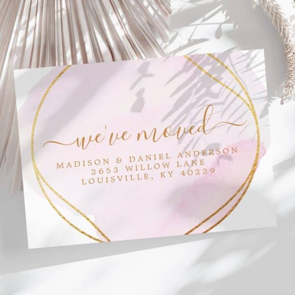 Pink Change Of Address Announcement With Gold Lettering And Border. Madison &Amp; Daniel Anderson'S New Address Is Included.