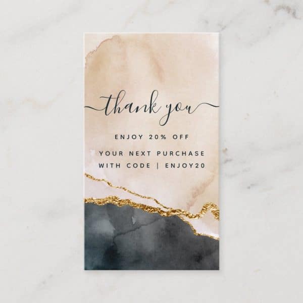 A Thank You Card With A Watercolor Design Featuring Gold Accents And A 20% Off Discount Code.
