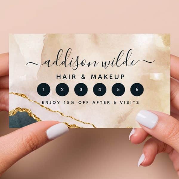 A Six-Visit Loyalty Card For Addison Wilde Hair &Amp; Makeup. The Card Features A Beige And Gold Watercolor Design.