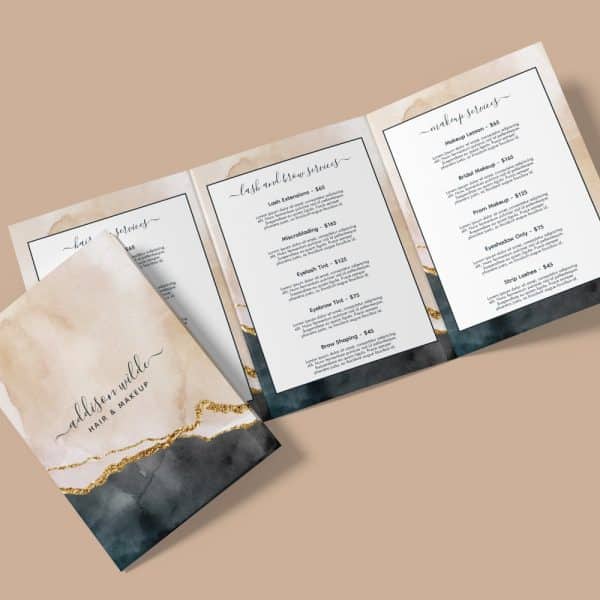 Tri-Fold Beauty Salon Price List With Watercolor Design And Gold Accents.