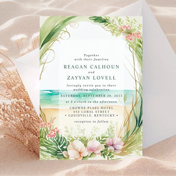 Wedding Invitation For Reagan Calhoun And Zayyan Lovell, Featuring Watercolor Beach And Floral Designs.