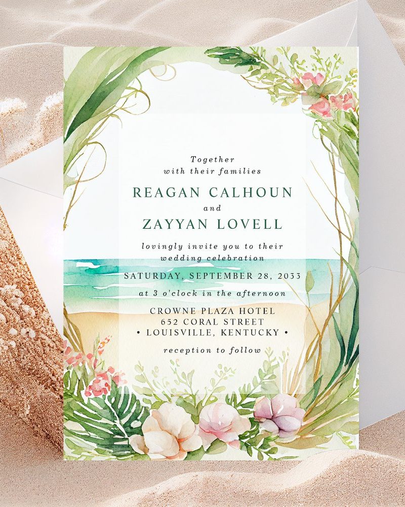 Wedding invitation for Reagan Calhoun and Zayyan Lovell, featuring watercolor beach and floral designs.