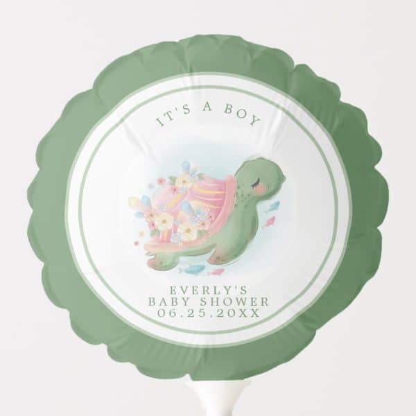 Sage Green Balloon With A White Circle Showing An Illustration Of A Sea Turtle Adorned With Flowers And Crystals. The Text It'S A Boy And Everly'S Baby Shower With Date Are Included.