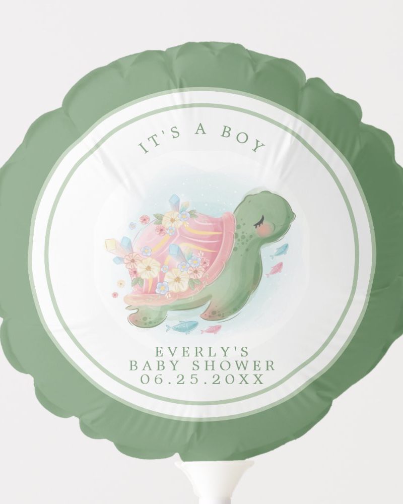 Sage green balloon with a white circle showing an illustration of a sea turtle adorned with flowers and crystals. The text It's a Boy and Everly's Baby Shower with date are included.