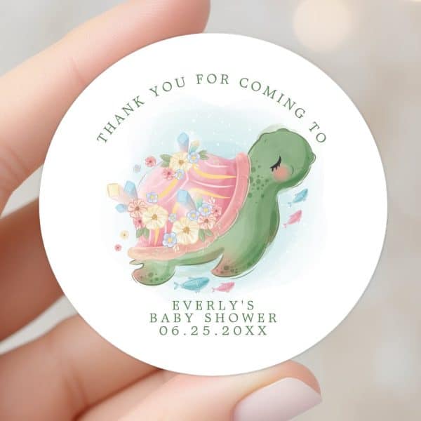 A Round Thank You Sticker Featuring A Pastel Green Turtle Adorned With Flowers And Crystals. The Sticker Also Includes Text For Everly'S Baby Shower.