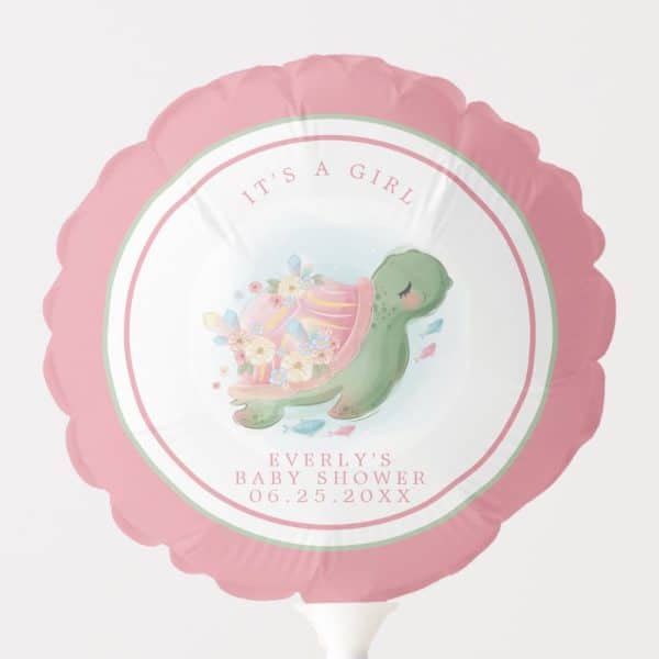 Pink Balloon With A Sea Turtle Adorned With Flowers And Crystals; Text Says Its A Girl, Everly'S Baby Shower, And Date.