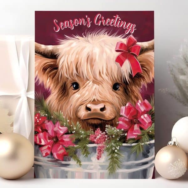 A Highland Cow With A Red Bow Sits In A Bucket Of Christmas Greenery. Season'S Greetings Is Written At The Top.