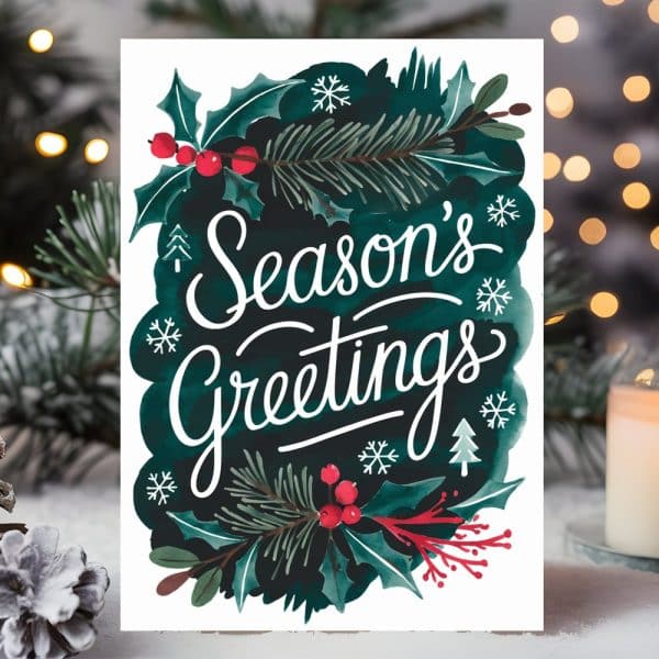 A Season'S Greetings Card Featuring A Dark Teal Watercolor Design With Holly, Pine, And Berries. White Lettering Is Prominent.