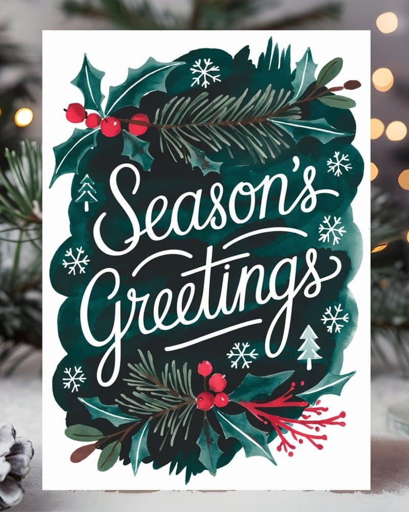 A Season's Greetings card featuring a dark teal watercolor design with holly, pine, and berries. White lettering is prominent.