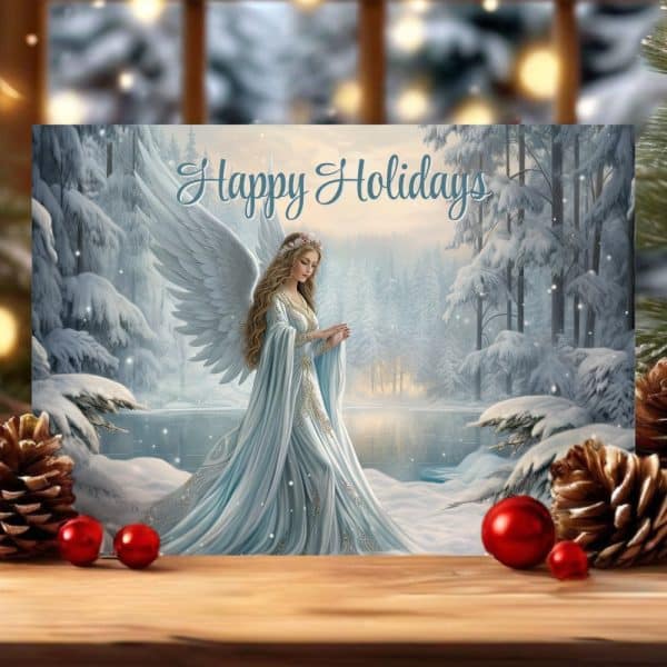 A Christmas Greeting Card Featuring An Angel In A Flowing Blue Gown, Large White Wings, And A Snow Covered Winter Landscape. Happy Holidays Is Written Across The Top.