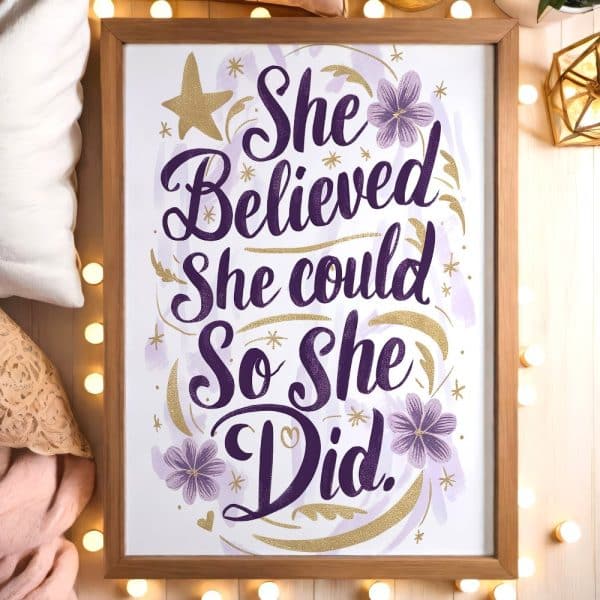 Framed Inspirational Print With Purple Lettering That Reads She Believed She Could So She Did.