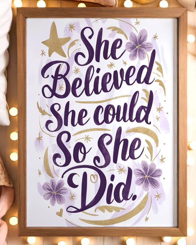 Framed inspirational print with purple lettering that reads She Believed She Could So She Did.
