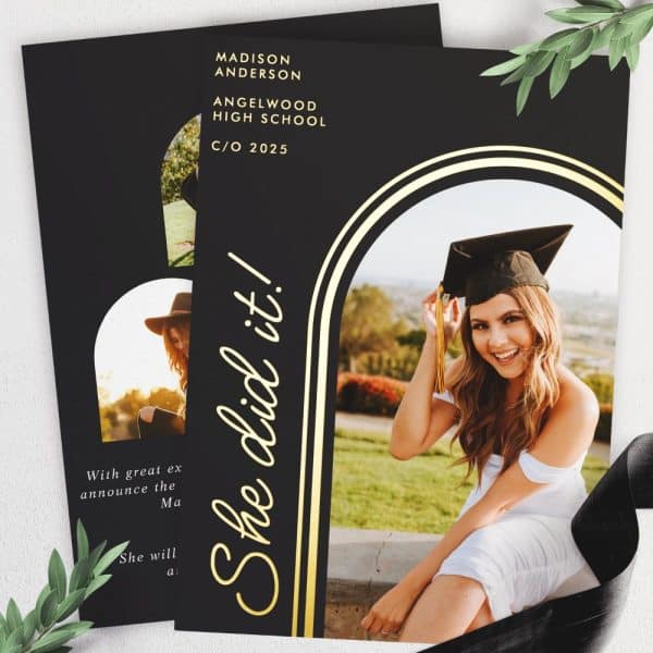 Graduation Announcement Featuring A Smiling Graduate In Cap And Gown.