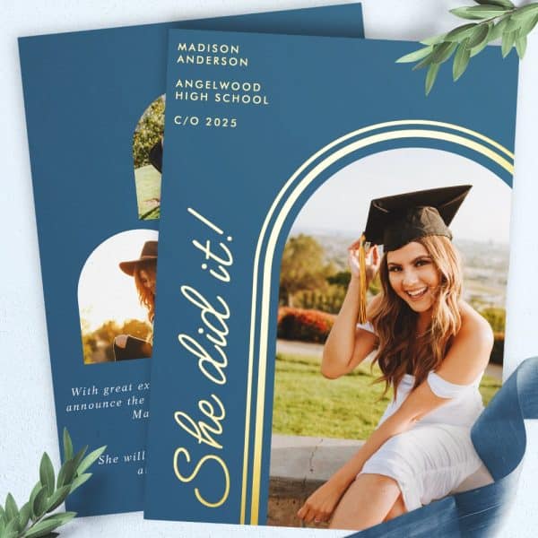 Graduation Announcement Featuring A Smiling Young Woman In A Cap And Gown.