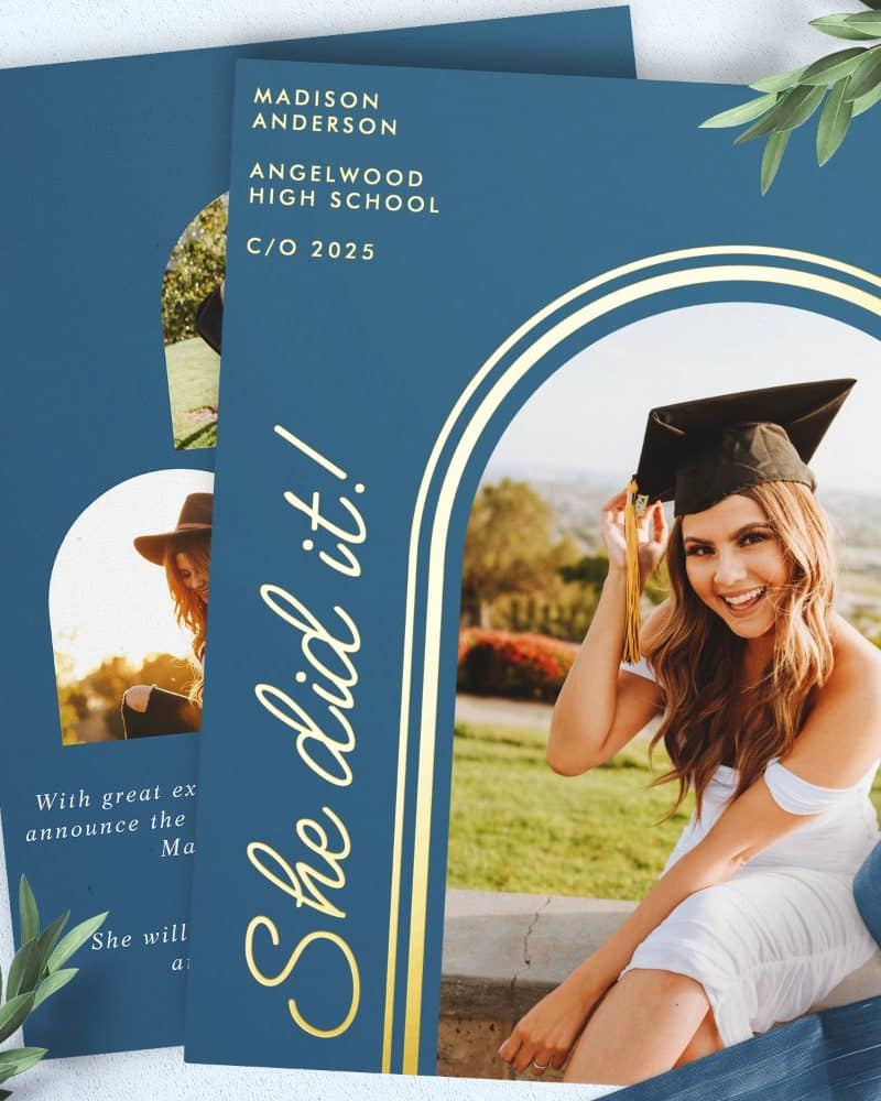 Graduation announcement featuring a smiling young woman in a cap and gown.