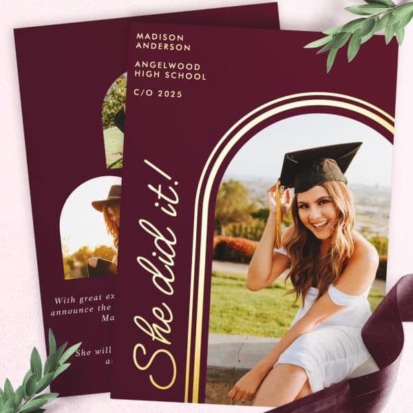 Graduation Announcement Featuring A Smiling Female Graduate In Cap And Gown.