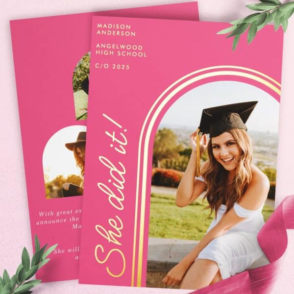 Pink Graduation Announcement Featuring A Smiling Graduate In Cap And Gown.