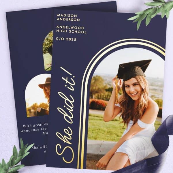 Graduation Announcement Featuring A Photo Of A Smiling Female Graduate In Cap And Gown.