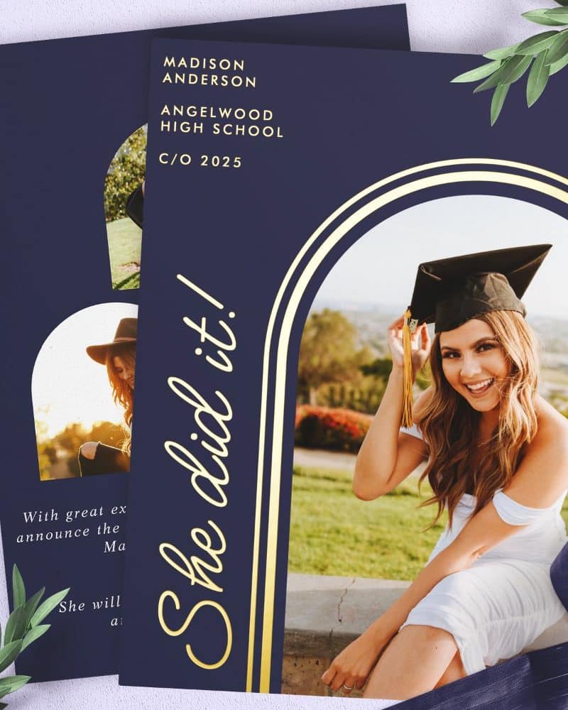 Graduation announcement featuring a photo of a smiling female graduate in cap and gown.