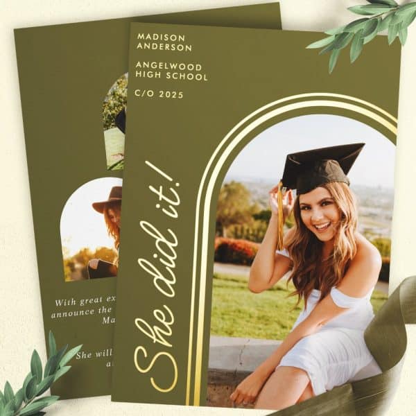 Graduation Announcement Featuring A Smiling Graduate In Cap And Gown.