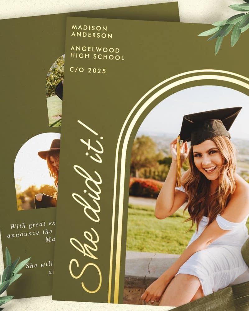 Graduation announcement featuring a smiling graduate in cap and gown.