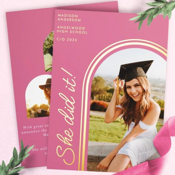 Pink Graduation Announcement Featuring A Smiling Graduate In Cap And Gown.