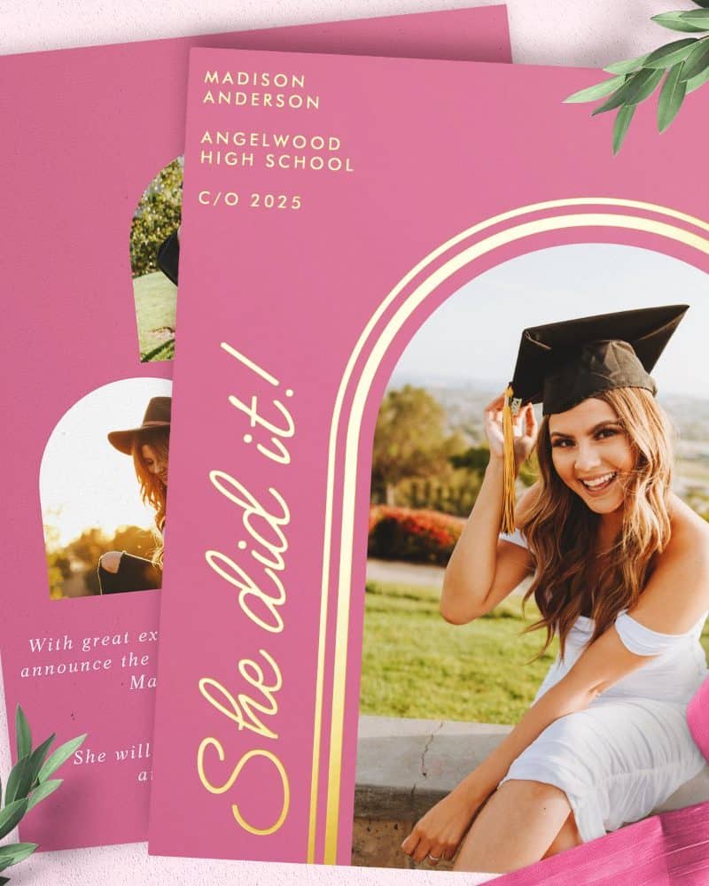 Pink graduation announcement featuring a smiling graduate in cap and gown.