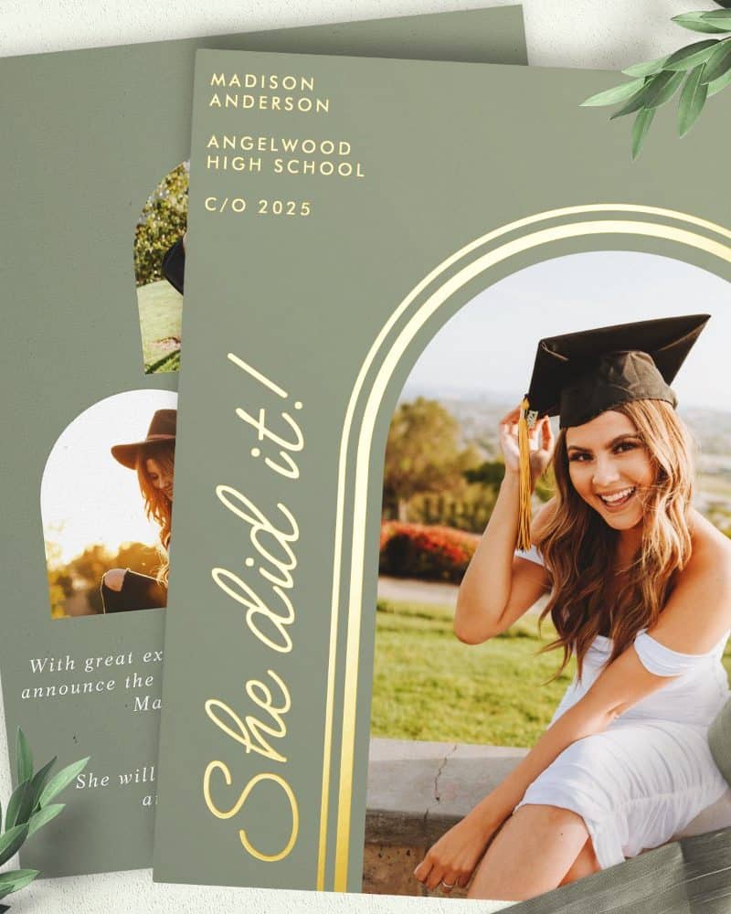 Graduation announcement featuring a smiling female graduate in cap and gown.
