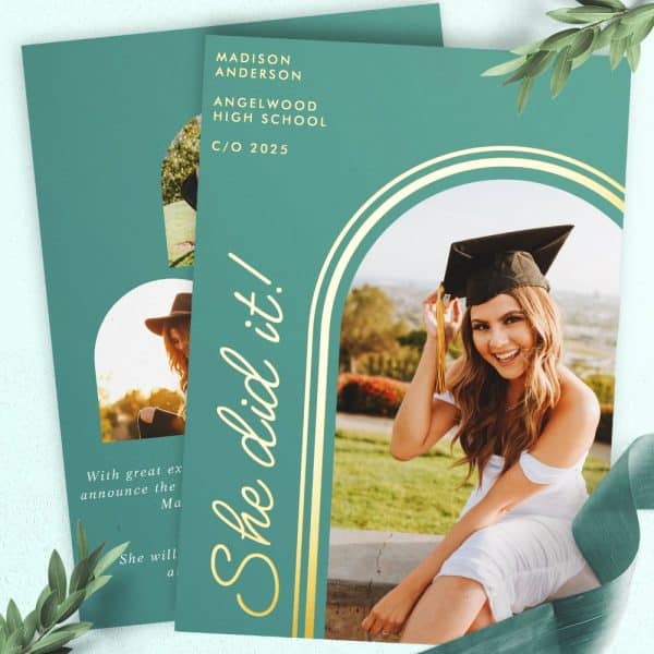 Graduation Announcement Featuring A Smiling Female Graduate In Cap And Gown.