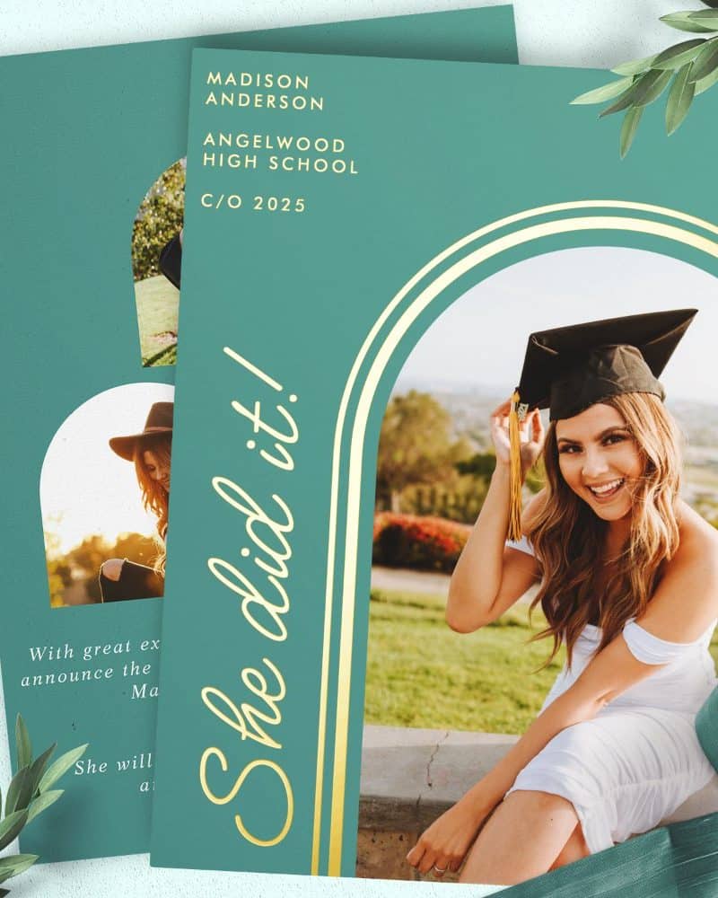 Graduation announcement featuring a smiling female graduate in cap and gown.