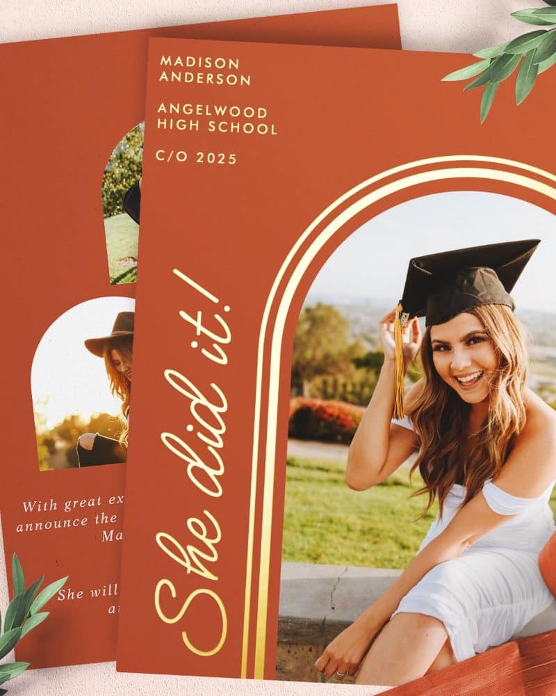 Graduation announcement featuring a smiling female graduate in cap and gown.