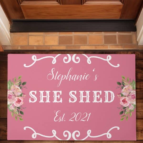 Pink Doormat With Stephanie'S She Shed Est. 2021 And Floral Designs.