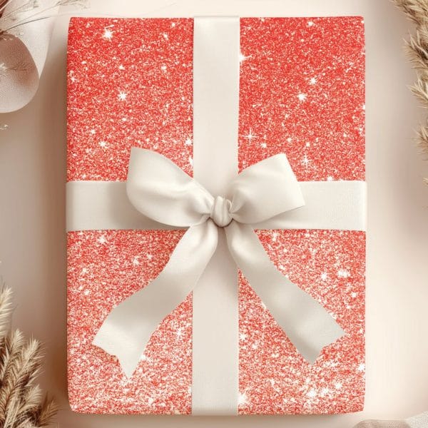 A Red Glitter Gift Box With A Large White Ribbon Bow.