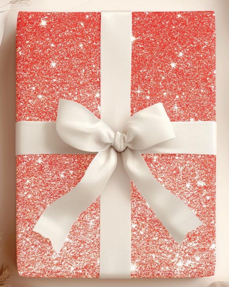 A red glitter gift box with a large white ribbon bow.