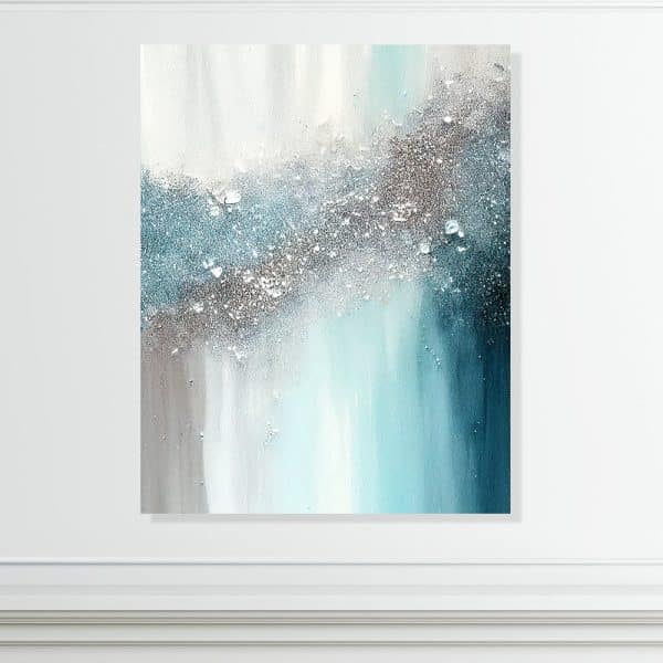 Abstract Painting In Shades Of Teal, Blue, Gray, And Silver.